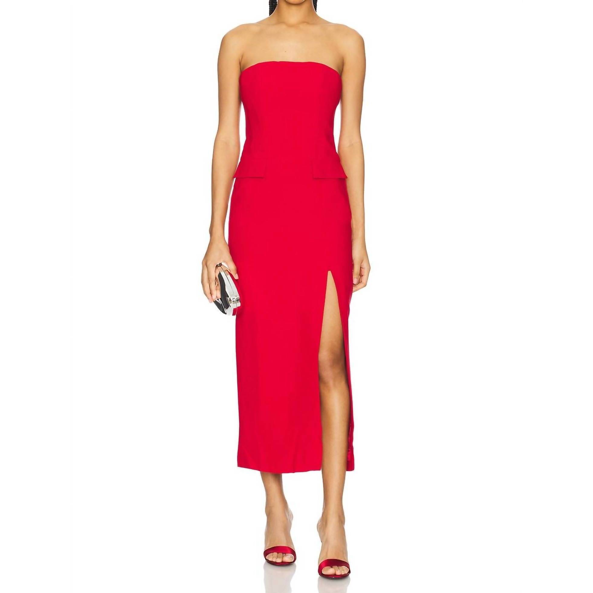 New Bardot Nikki Strapless Midi Dress In Deep Red